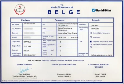 Erkan Uygur - T.C. Milli Eğitim Bakanlığı Gaz Yakıcı Cihazlar Geliştirme ve Uyum Kursu